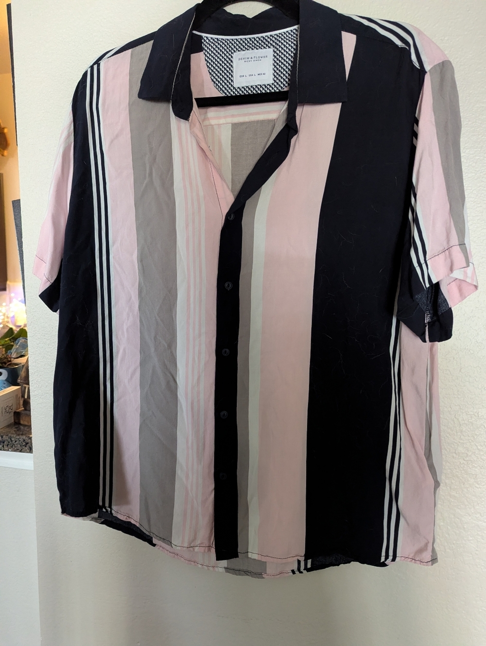 Men's Denim & Flower Striped Shirt in Pink, Black & Gray